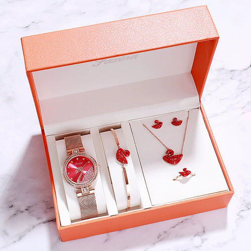 Women's Elegant Watch Gift Set | 5-Piece Jewellery & Watch Box Set