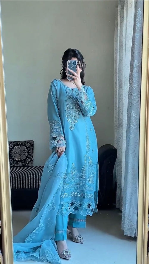 Suit Set in Georgette Kurta Top with Pant and Dupatta (XL) Blue