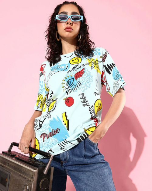 Graphic Print T-Shirt with Crew-Neck (SIZE-M) (COLOR-WHITE)