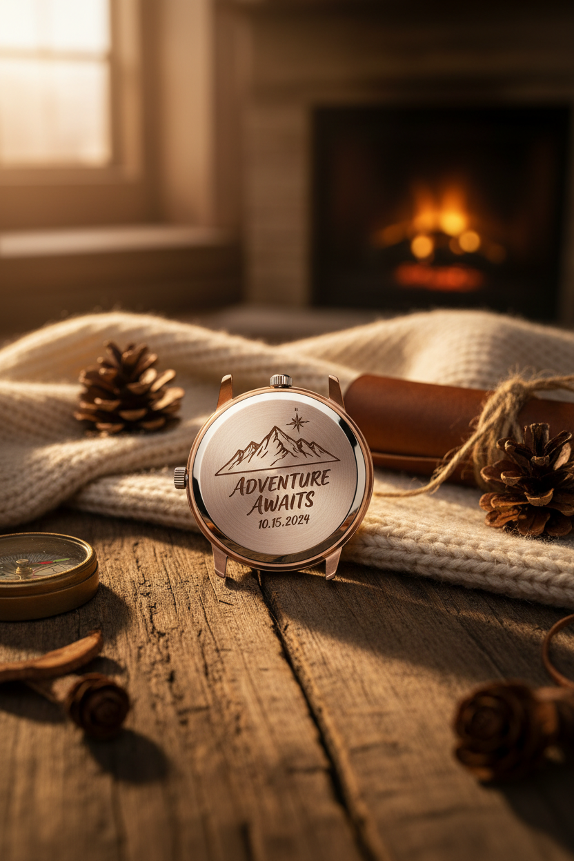 Personalized engraved men's watch close-up showing custom mountain design message on the back